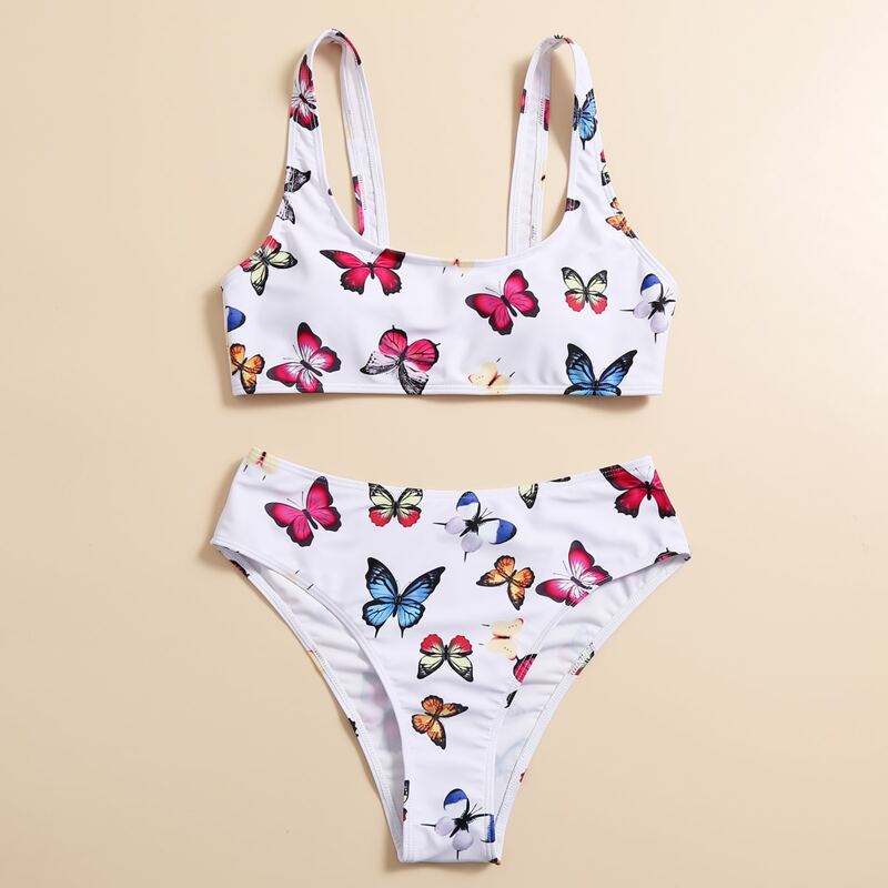 

Butterfly Print High-Rise Waist Bikini Swimsuit, White