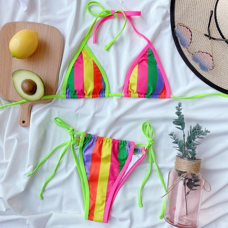 

Rainbow Halter Self-Tie Bikini Swimsuit Set, Multicolor