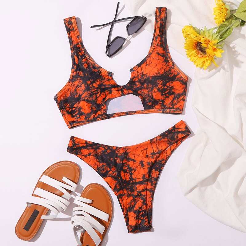 

Marble Print Cut-out High Cut Bikini Swimsuit, Multicolor