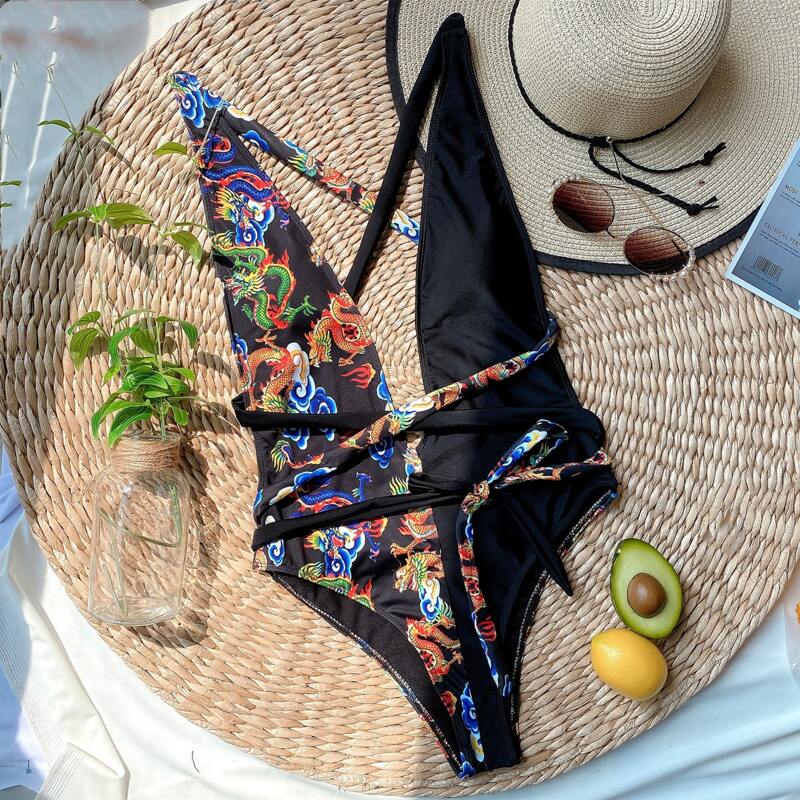 

Dragon Print Plunging One Piece Swimsuit, Multicolor