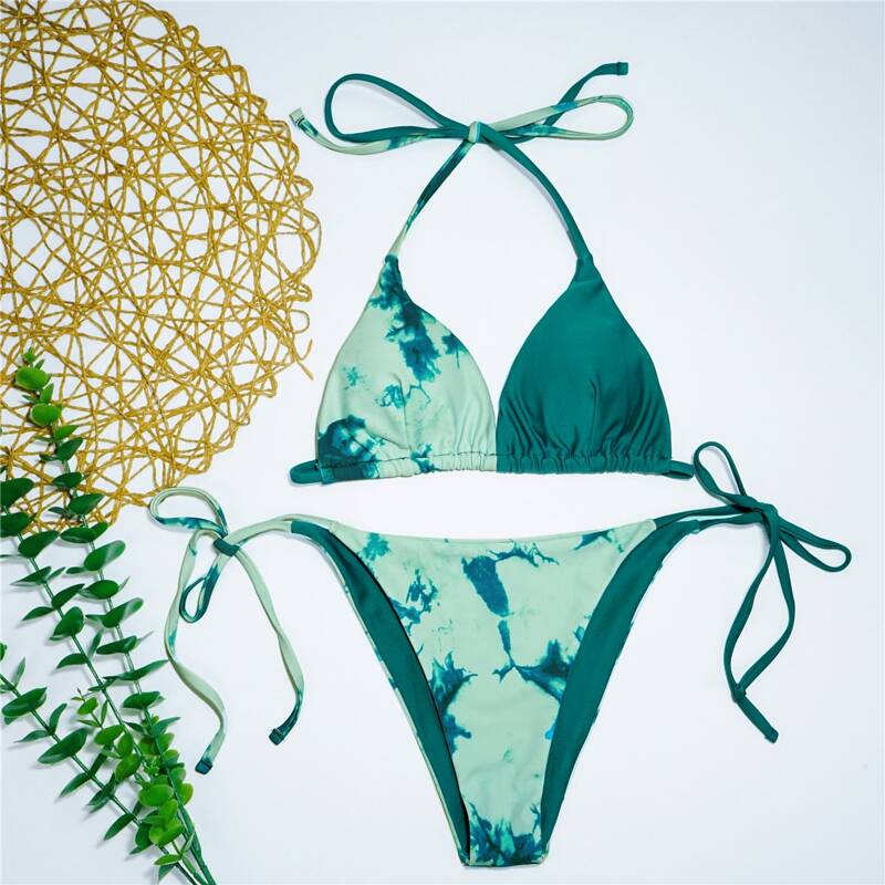 

Tie Dye Triangle Tie Side Bikini Swimsuit, Green