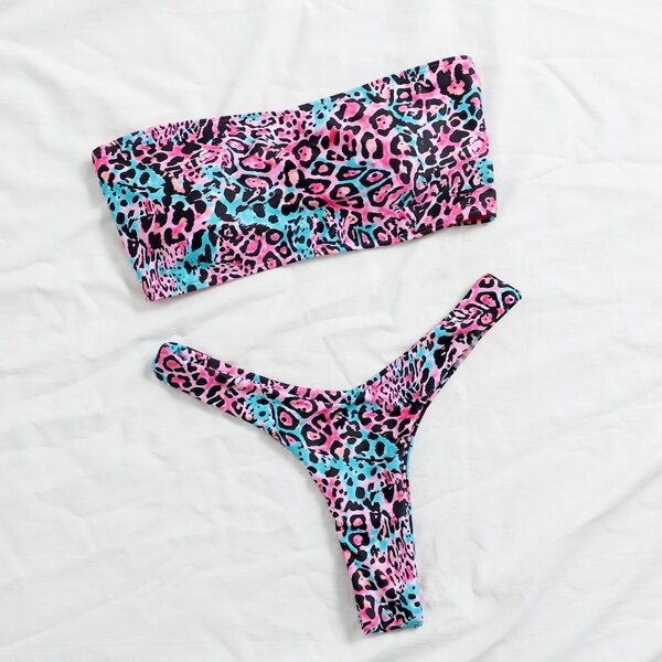 

Leopard Bandeau High Cut Bikini Swimsuit, Multicolor