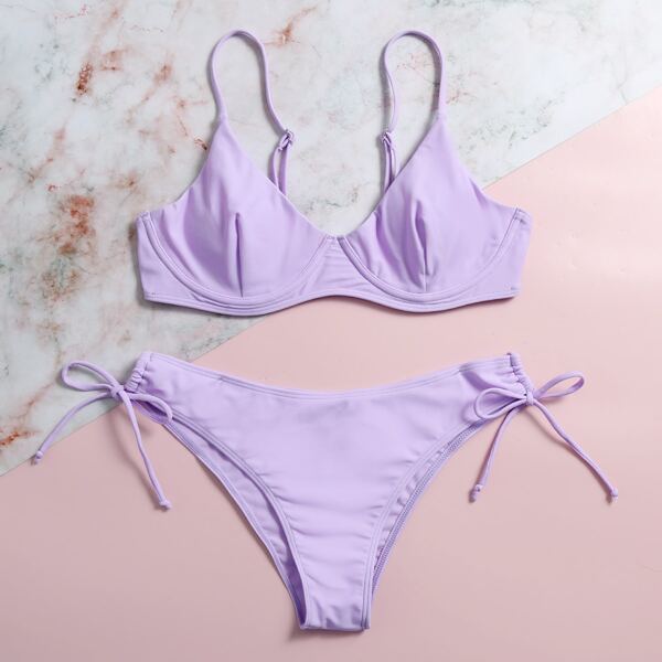

Underwire Tie Side Bikini Swimsuit, Pastel lilac purple