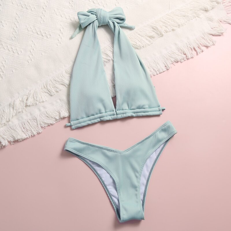 

Rib Halter High Cut Bikini Swimsuit, Pastel mint green