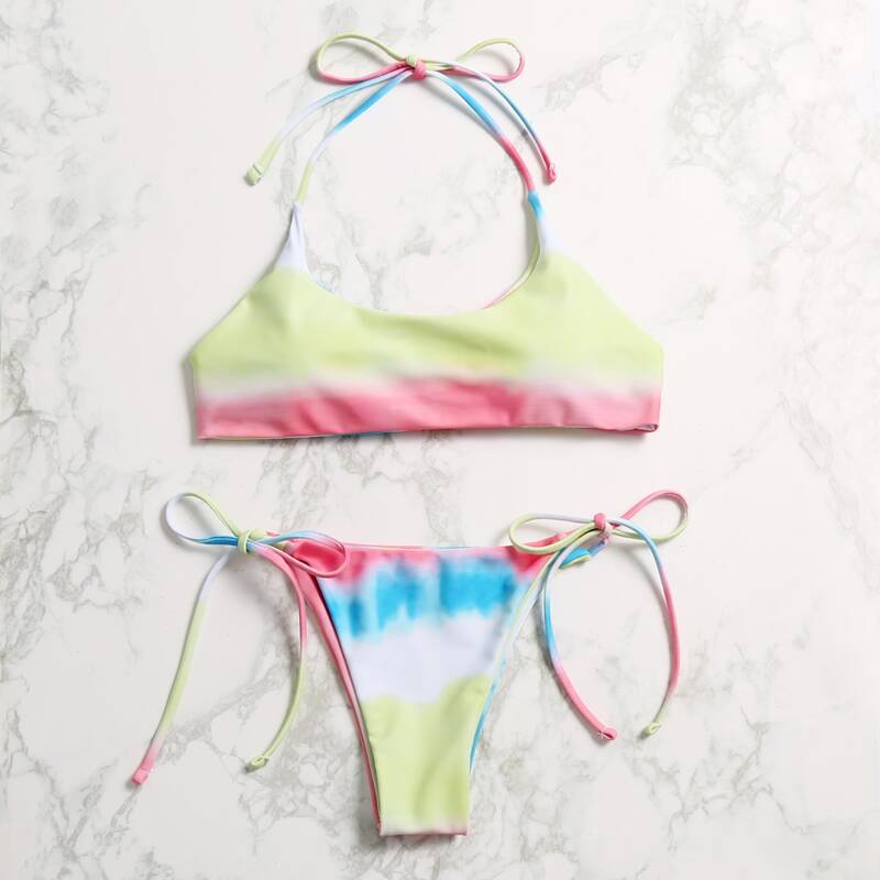 

Tie Dye Halter Tie Side Bikini Swimsuit, Multicolor