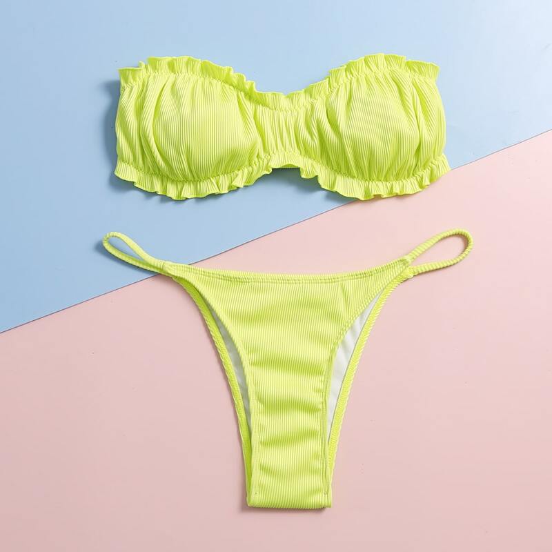 

Rib Frill Bandeau Thong Bikini Swimsuit, Yellow bright