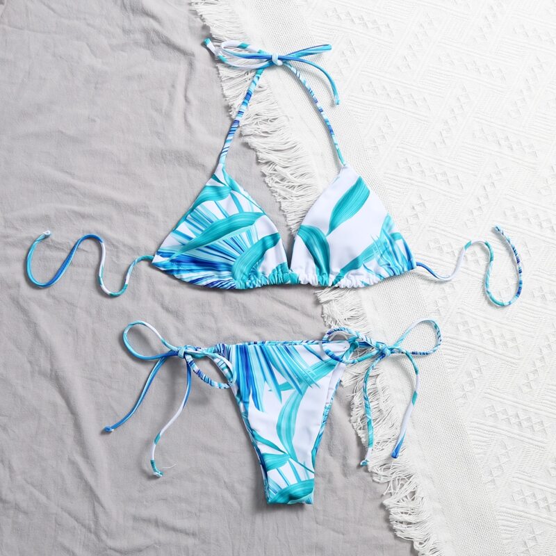 

Leaf Print Triangle Tie Side Bikini Swimsuit, Bright mint blue