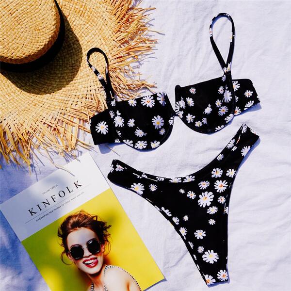 

Daisy Floral Underwire Bikini Swimsuit, Black