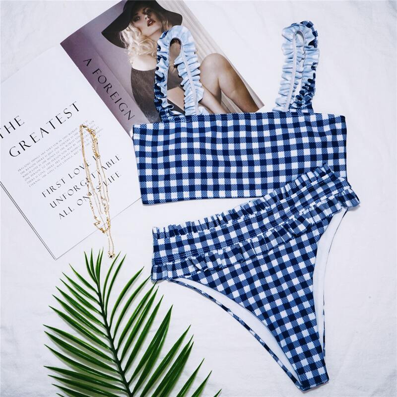 

Gingham Ruffle Trim Bikini Swimsuit, Blue and white