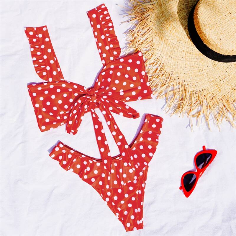 

Polka Dot Ruffle Knot Front Bikini Swimsuit, Red