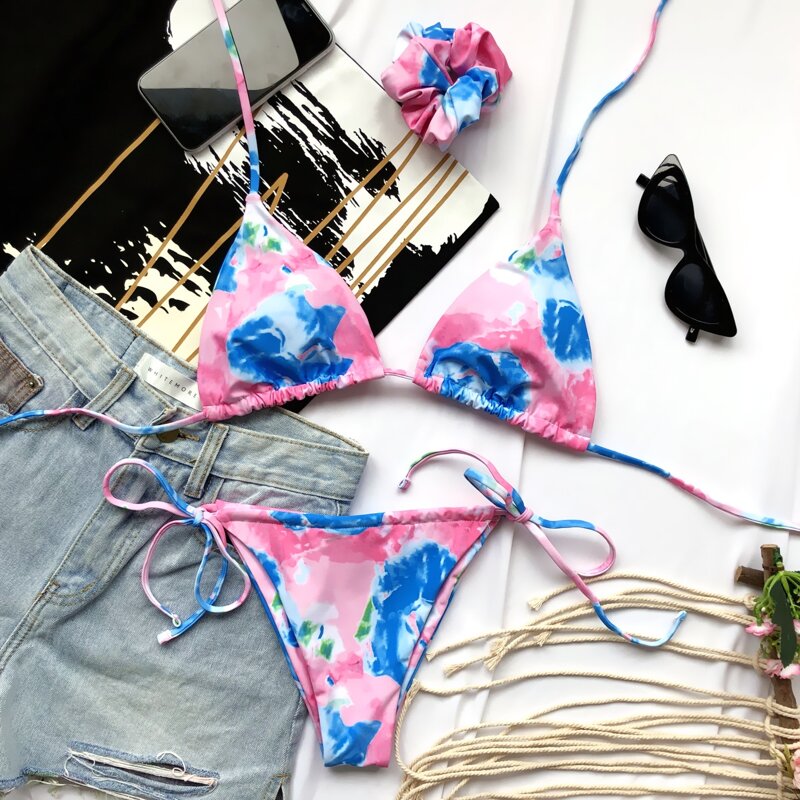 

Tie Dye Triangle Tie Side Bikini Swimsuit & Scrunchie, Multicolor