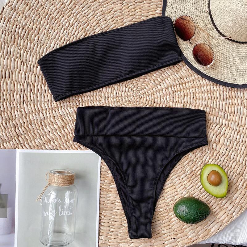 

Rib Bandeau High Waisted Bikini Swimsuit, Black