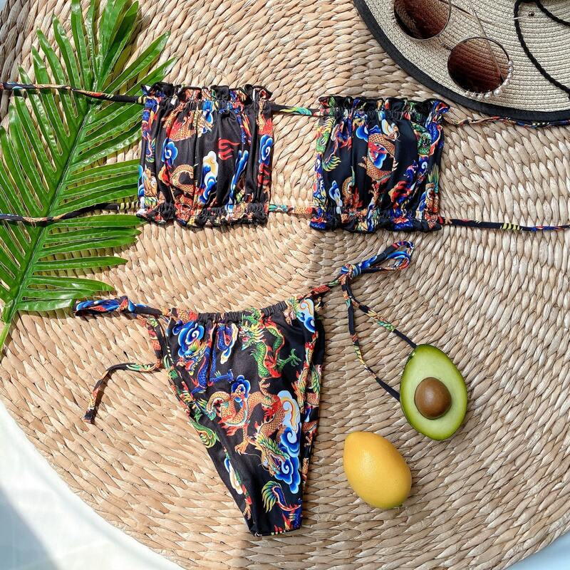 

Dragon Print Bandeau Self-Tie Bikini Swimsuit, Multicolor