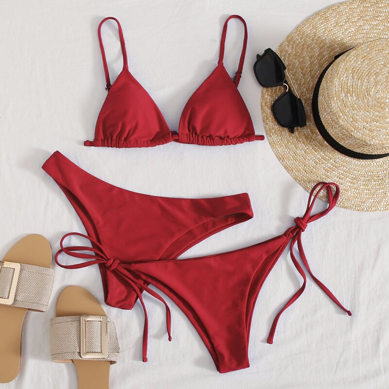 

3pack Triangle Tie Side Co-ord Bikini Swimsuit, Red