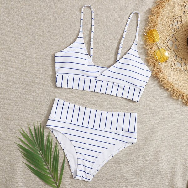 

Striped High Waisted Bikini Swimsuit, White
