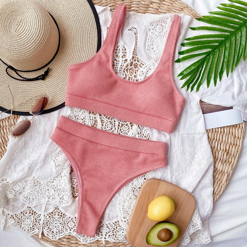 

Scoop Neck High Leg Bikini Swimsuit, Dusty pink