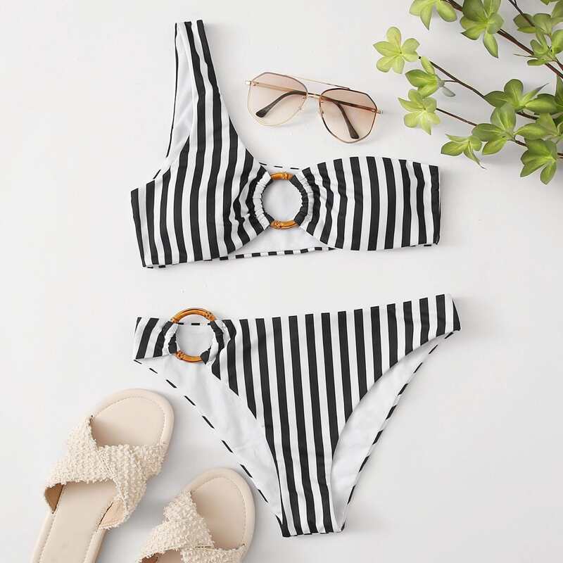 

Striped Ring Linked One Shoulder Bikini Swimsuit, Black and white