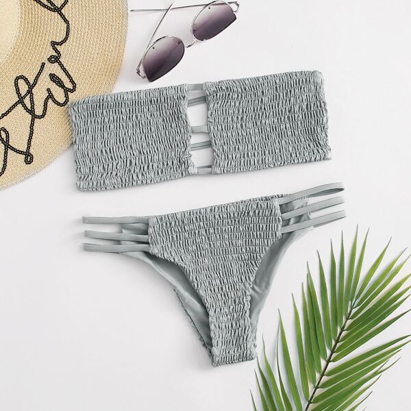 

Smocked Cut-out Bandeau Bikini Swimsuit, Grey