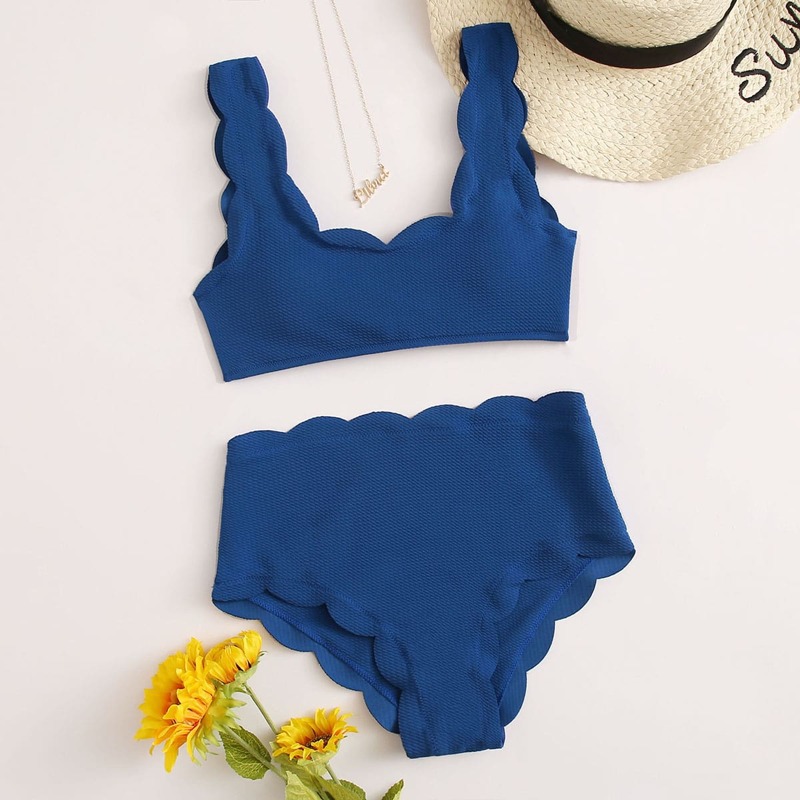 

Scallop Trim High Waisted Bikini Swimsuit, Navy blue