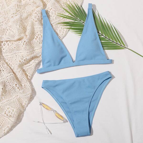 

Rib V Neck High Leg Bikini Swimsuit, Blue