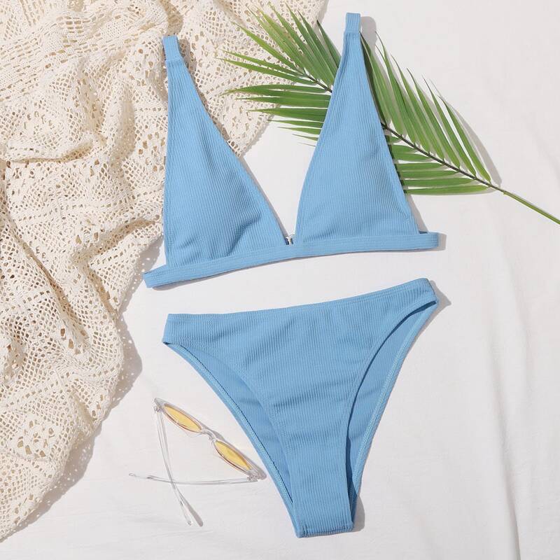 

Rib V Neck High Leg Bikini Swimsuit, Blue