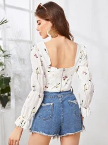 Embroidered Floral Lace-Up Crop Top - White - View 2