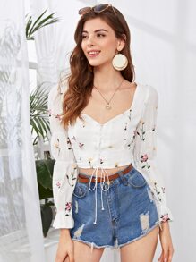 Embroidered Floral Lace-Up Crop Top - White - View 4