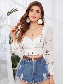 Embroidered Floral Lace-Up Crop Top - White - View 5