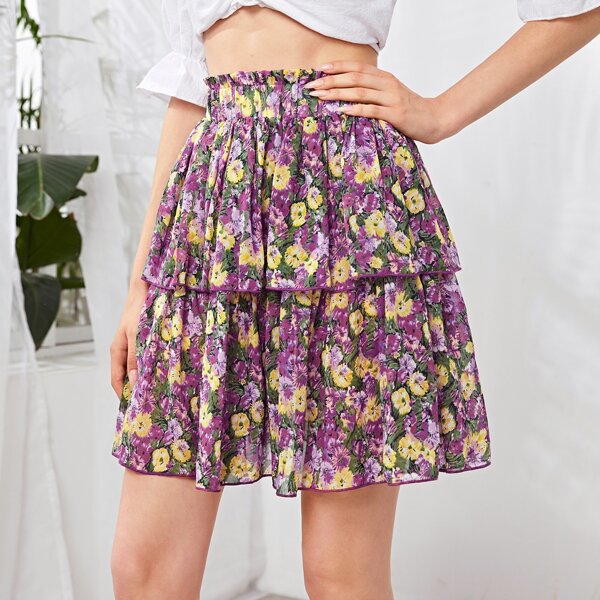 

Paperbag Waist Floral Layered Skirt, Multicolor
