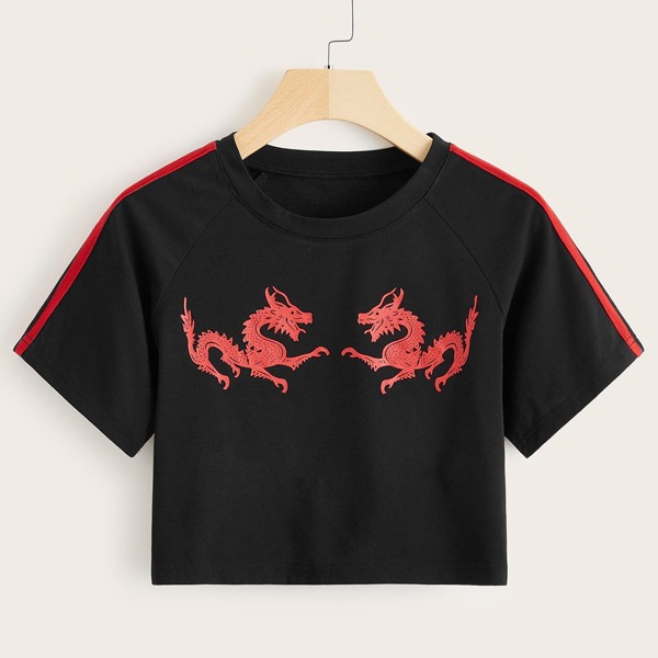 

Dragon Print Striped Tape Side Tee, Black