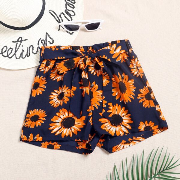 

Allover Sunflower Tie Front Shorts, Multicolor