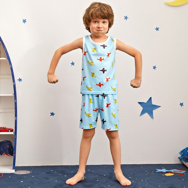 

Toddler Boys Aircraft Print Tank Top & Shorts PJ Set, Mint blue
