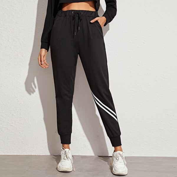 

Striped Tape Drawstring Waist Sports Pants, Black