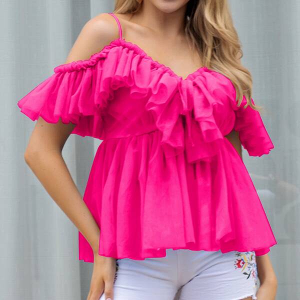 

Neon Pink Exaggerated Ruffle Cold Shoulder Mesh Blouse, Pink neon