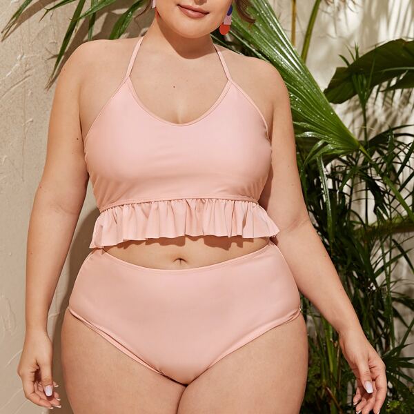 

Plus Ruffle Hem Halter Bikini Swimsuit, Coral pink