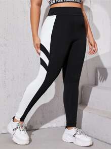 Plus Colourblock Elastic Waist Leggings - Black - View 4