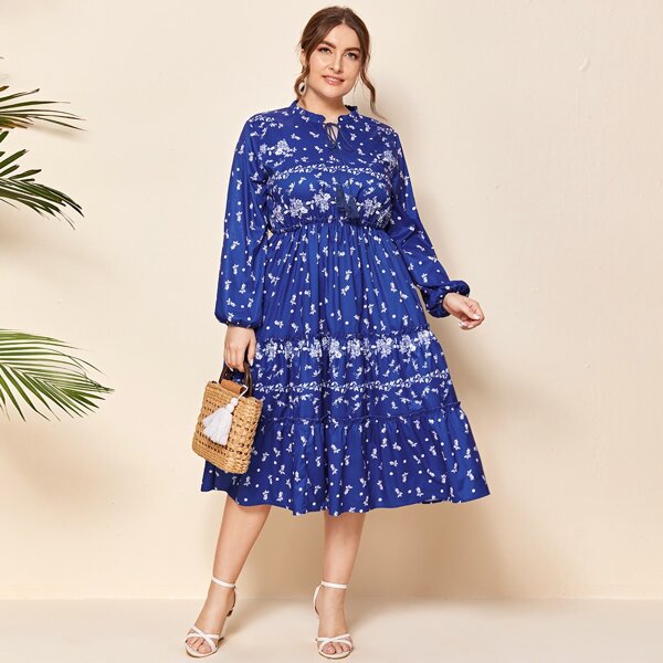 

Plus Tie Neck Frill Trim Lantern Sleeve Floral Print Dress, Royal blue