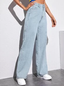 SHEIN EZwear 素色寬鬆牛仔褲 - 淺色水洗藍 - 查看 4