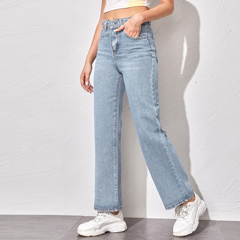 

Adjustable Button Straight Leg Jeans, Light wash