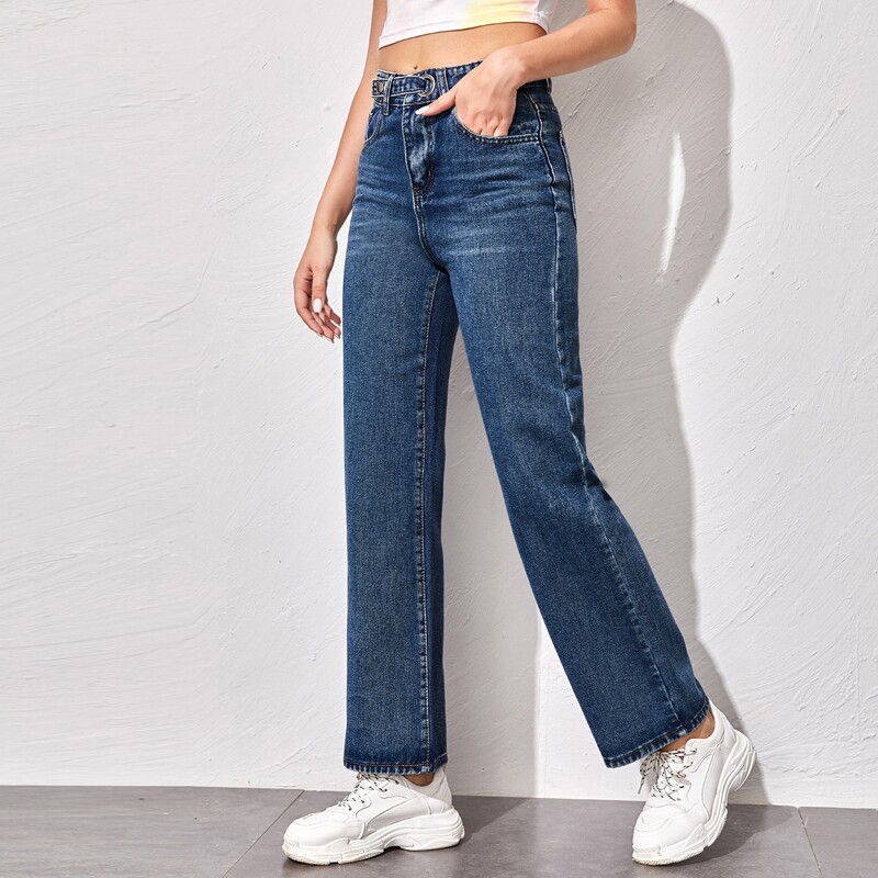 

Adjustable Button Straight Leg Jeans, Medium wash