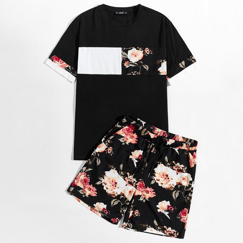 

Guys Colorblock Tee and Drawstring Waist Floral Print Shorts Set, Black