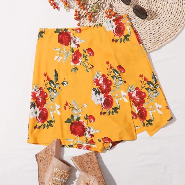 

Plus Floral Print Split Hem Skort, Mustard yellow