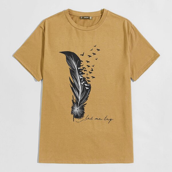 

Men Bird and Slogan Graphic Top, Camel