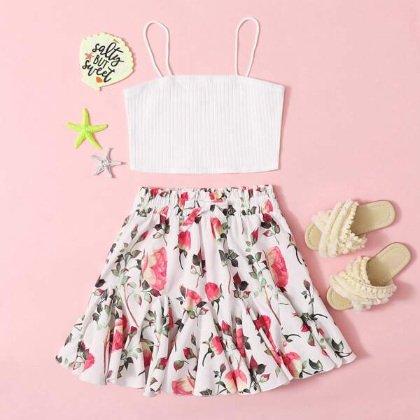 

Girls Rib-knit Cami Top and Paperbag Waist Godet Skirt Set, Multicolor