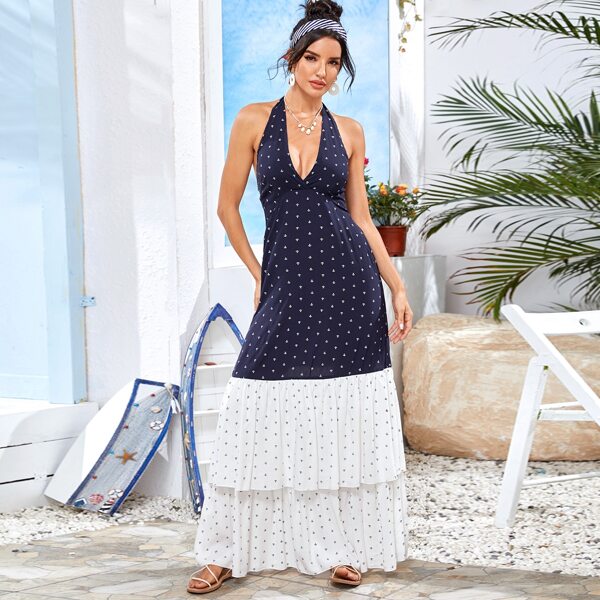 

Halterneck Allover Print Colorblock Layered Dress, Navy blue