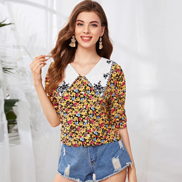 

Embroidered Chelsea Collar Floral Blouse, Multicolor
