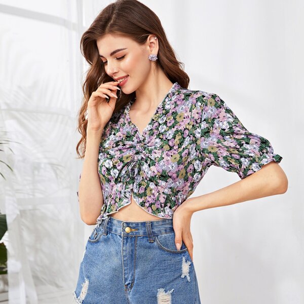 

Ruffle Hem Drawstring Floral Print Top, Multicolor