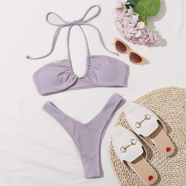 

Rib Halter Bikini Swimsuit, Pastel dusty purple