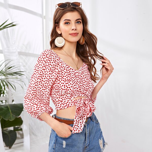

Wrap Tie Front Ditsy Floral Top, Multicolor