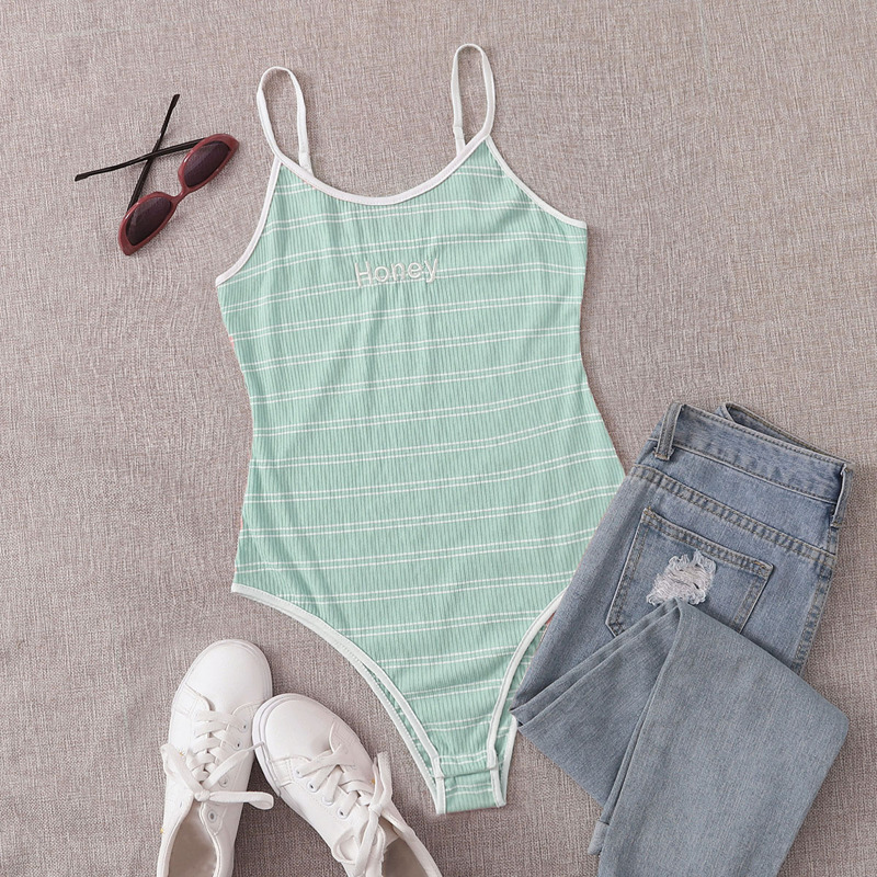 

Letter Embroidery Stripe Cami Bodysuit, Mint green